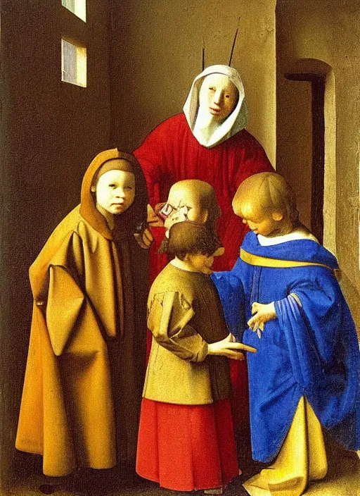 Prompt: Two little brothers meet a young man, medieval painting by Jan van Eyck, Johannes Vermeer, Florence