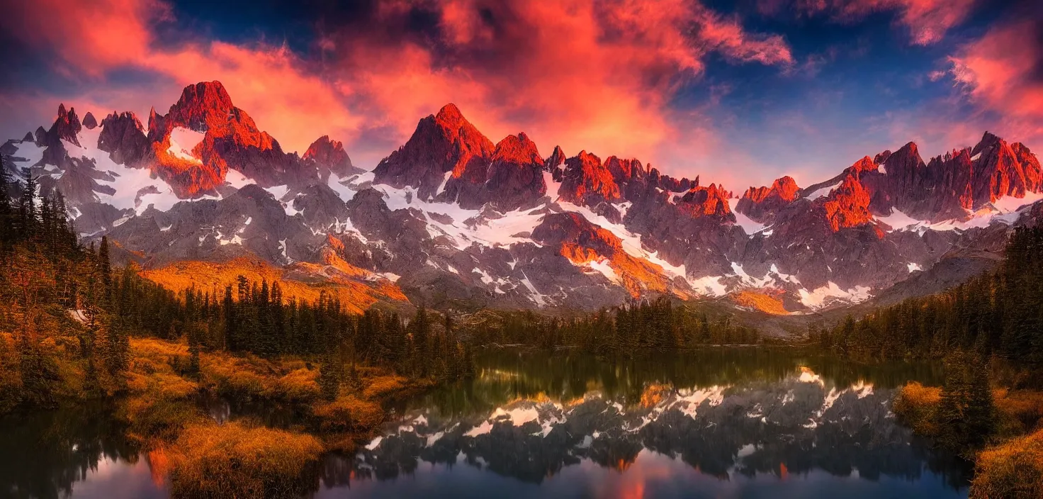 Image similar to amazing landscape photo of mountains with lake in sunset by marc adamus, beautiful dramatic lighting