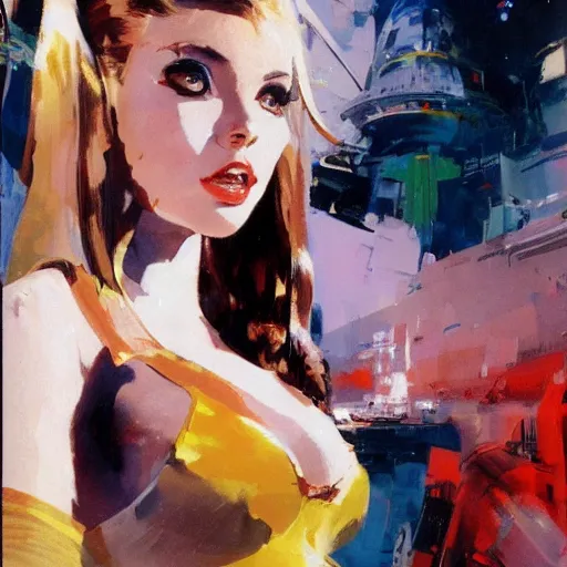 Prompt: amouranth by john berkey, rule of thirds, seductive look, beautiful, in intergalactic hq