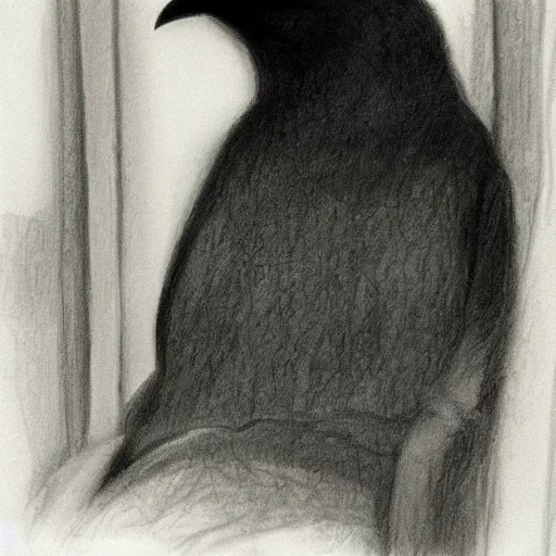 Prompt: a crow wearing a bathrobe in a hotel room, graphite drawing, 1998