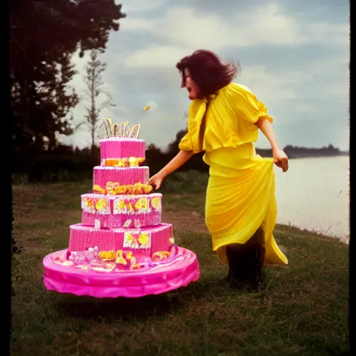 Image similar to dark angel throwing a yellow - pink - black birthday cake from the clouds onto a woman with two dogs, kodak film