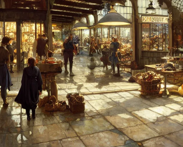 Image similar to concept art for fable bowerstone market, key lighting, soft lights, by steve hanks, by edgar maxence, by caravaggio, by michael whelan, by delacroix, by serov valentin, by tarkovsky, 8 k render, detailed, oil on canvas