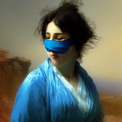 Image similar to a woman’s face wearing a blue silk blindfold, by ivan aivazovsky and alma tadema and remrandt and willen claesz heda, rendered in octane