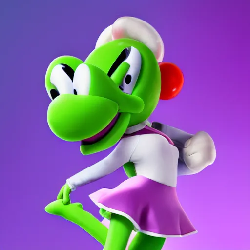 Image similar to anthropomorphic light green yoshi wearing a purple jacket, black shirt, purple skirt, purple heels, nintendo