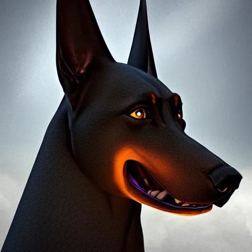 Image similar to portrait of anubis, black doberman face, angry look, ready for battle, masterpiece, mattepainting concept blizzard pixar maya engine on cold night stylized background splash comics global illumination lighting artstation by samwise didier