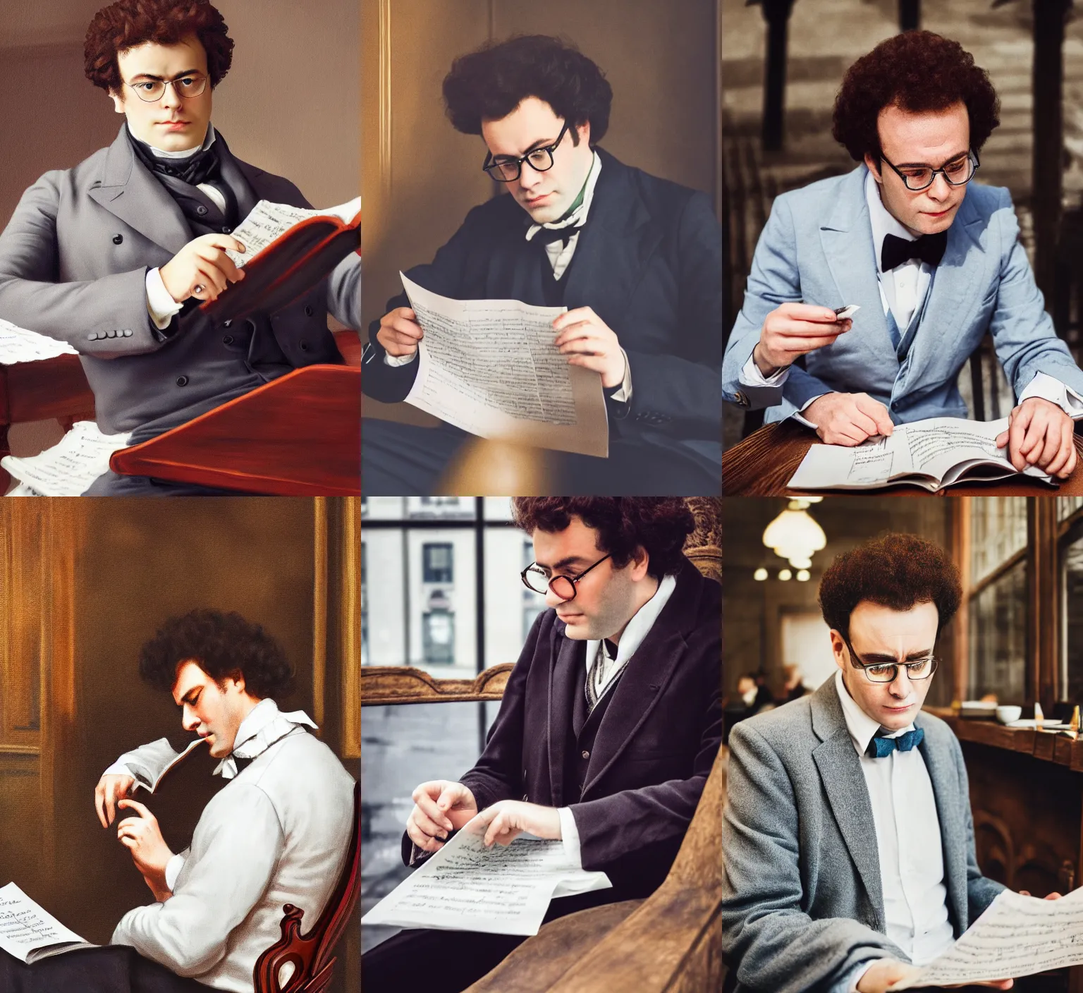 Prompt: professional fine detailed photo portrait of an actor playing franz schubert sitting at the cafe and reading musical sheet, franz schubert look alike, rich colors, professional iphone photo, 4 k photo, instagram, realistic photo, detailed photo, very beautiful photo