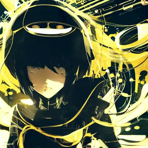 Image similar to Frequency indie album cover, luxury advertisement, golden filter, golden and black colors. A clean and detailed post-cyberpunk sci-fi close-up schoolgirl, she is very powerful, in asian city in style of cytus and deemo, mysterious vibes, by Tsutomu Nihei, by Ilya Kuvshinov, by Greg Tocchini, nier:automata, Yorda from Ico and Lain Iwakura, set in half-life 2, beautiful with eerie vibes, very inspirational, very stylish, with gradients, surrealistic, dystopia, postapocalyptic vibes, depth of field, mist, rich cinematic atmosphere, perfect digital art, mystical journey in strange world, beautiful dramatic dark moody tones and studio lighting, shadows, bastion game, arthouse