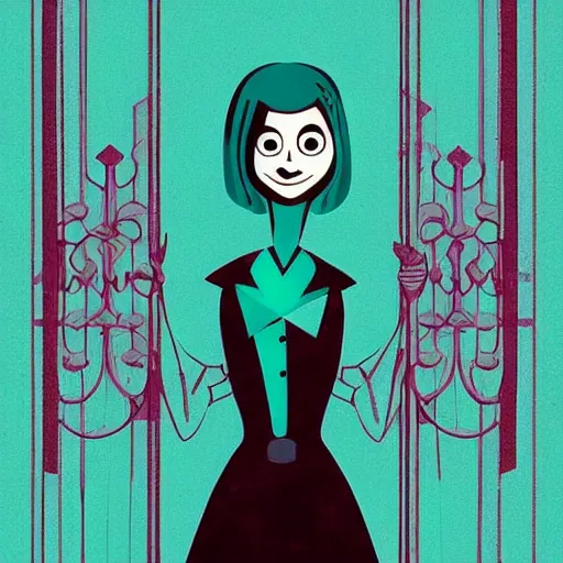 Image similar to “1950s art deco of the movie ‘Coraline’, vector line art, teal palette.”