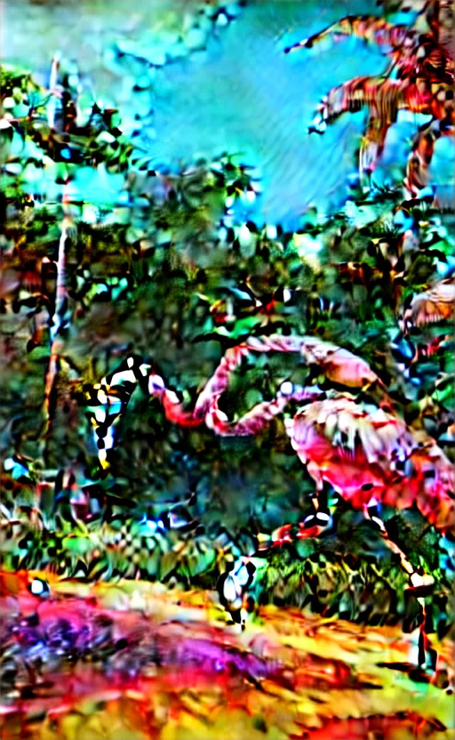 Image similar to unreal engine 5 8 k uhd render of an flamingocore tropicalwave junglepunk abstrafractalmancer, photorealistic, animal photography, photo safari, fashion shoot, lush tropical surroundings, volumetric lighting, sunlight, 1 0 5 mm lens