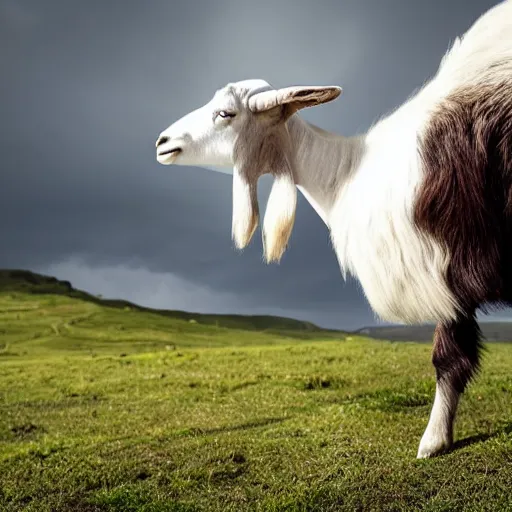 Image similar to a goat standing on a storm cloud