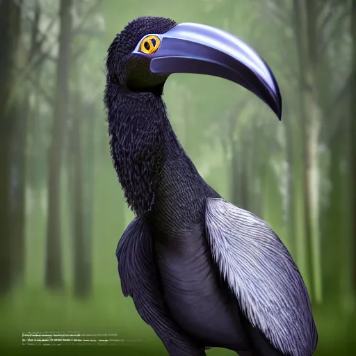 Image similar to black wood shoebill, photorealism, Unreal Engine, artstation with dark leafs around