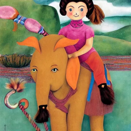 Prompt: Pippi Longstocking with blonde hair and riding an elephant, painted by Frida Kahlo