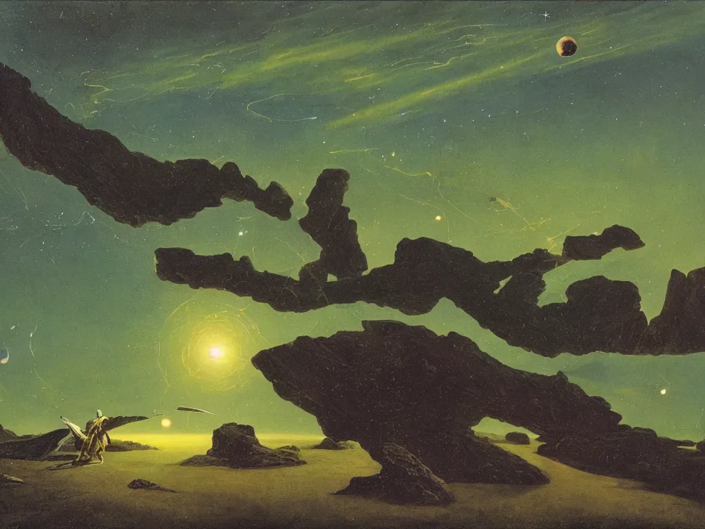 Image similar to Into darkest cosmos, meteors going at lightspeed. Painting by Caspar David Friedrich, Roger Dean, Walton Ford