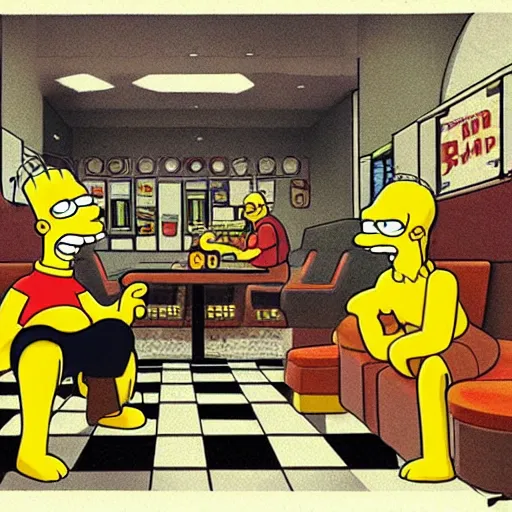 Prompt: concept art homer simpson and bart simpson sitting in a star wars bar, highly detailed cinematic