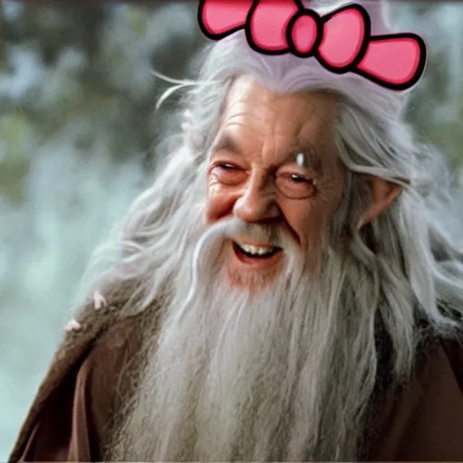Prompt: portraid of gandalf wearing a Hello Kitty costume, smiling, holding a blank playing card up to the camera, movie still from the lord of the rings