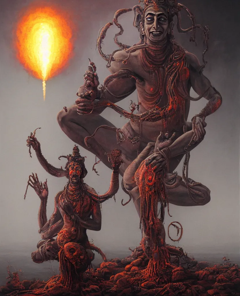 Prompt: One many-armed Shiva. Against the backdrop of a nuclear explosion. Dark colors, high detail, hyperrealism, horror art, masterpiece, close-up, zoom, concept art, octane render, biopunk, body-horror, ceremonial portrait, representative portrait, solo, macrophoto, art by Greg Broadmore, Esao Andrews, Beksinski