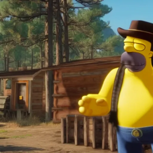 Prompt: Film still of Homer Simpson in Red Dead Redemption 2 (2018 video game)