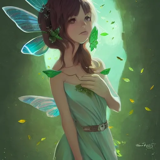 Prompt: an earth pixie fairy with green leaf wings, elegant, highly detailed, digital painting, artstation, concept art, sharp focus, illustration, strong brush stroke, anime, sharp focus, ghibli studio, art by ilya kuvshinov, rossdraws