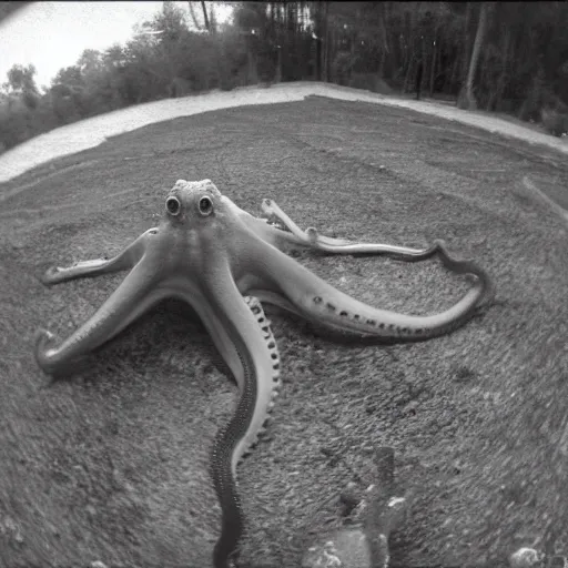 Image similar to octopus trailcam footage, grainy black and white, low quality, security camera
