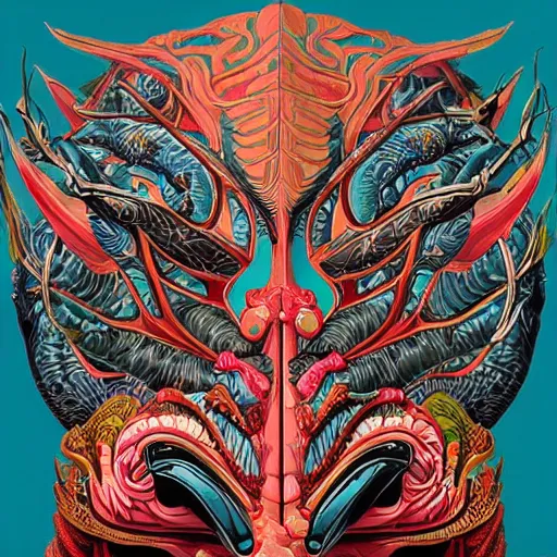 Image similar to Tristan Eaton, victo ngai, artgerm, symmetrical dragon mask, filled with anger and disgust