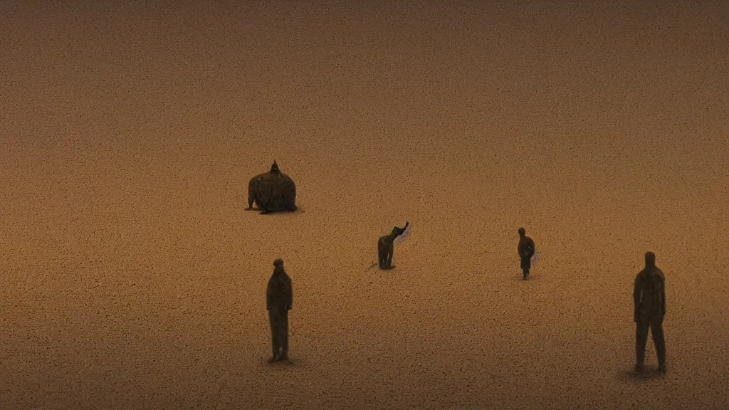 Image similar to we watch the strange creature search through our kitchen, film still from the movie directed by Denis Villeneuve with art direction by Zdzisław Beksiński, close up, telephoto lens, shallow depth of field, golden hour