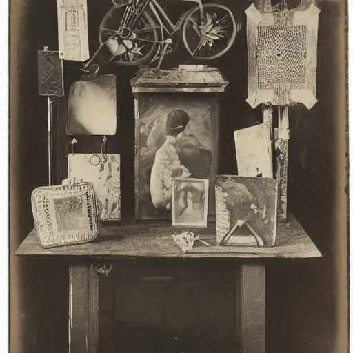 Image similar to Tintype photograph of objects displayed in an ethnographic museum, primitive display, anthropology of wonder, in the style of Marcel Duchamp, found objects, ready-made, 1920s studio lighting.