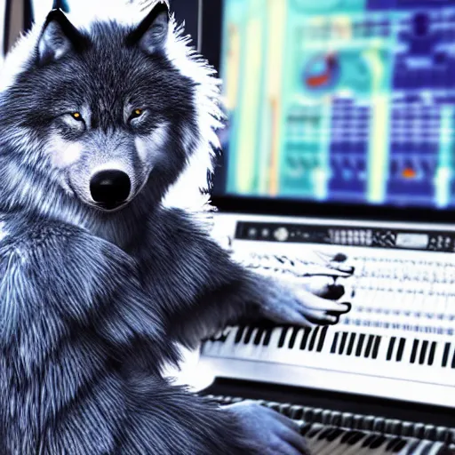 Prompt: an anthropomorphic blue wolf furry making music on fl studio