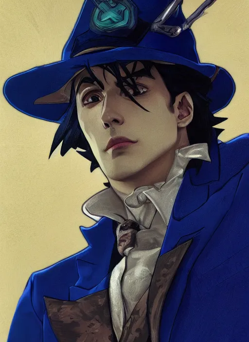 Prompt: Jotaru Joestar from Jojo Bizzare Adventure in royal blue suit, sigma male, accurately portrayed, portrait art by alphonse mucha and greg rutkowski, highly detailed, digital painting, concept art, illustration, dim lighting with twilight rays of sunlight, trending on artstation, very detailed, smooth, sharp focus, octane render, close up