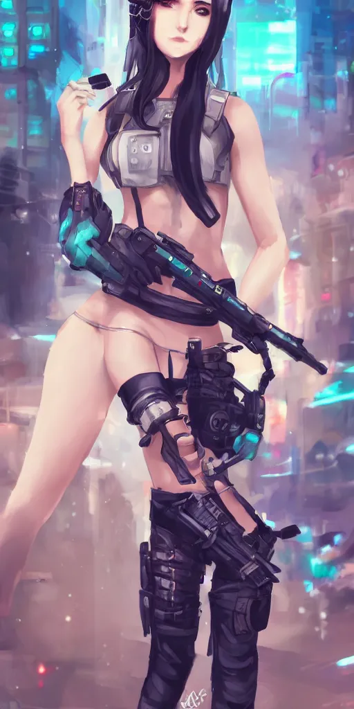 Image similar to fullbody portrait of a beautiful girl dressed in cyberpunk style, standing on street, holding a sniper rifle. by riot games, anime style, masterpiece, award - winning, trending on artstation and pixiv