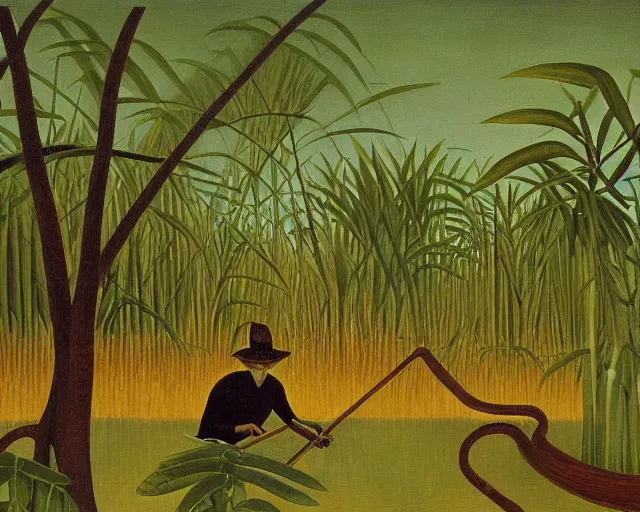 Image similar to snake oil researcher digging through the swamps of Formosa, painting by Henri Rousseau