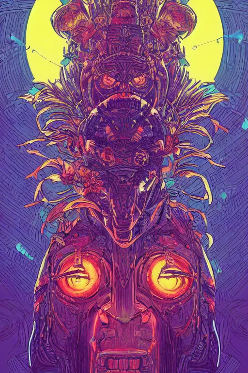 Image similar to totem animal tribal chaman vodoo mask feather gemstone plant video game illustration vivid color borderlands and by feng zhu and loish and laurie greasley, victo ngai, andreas rocha, john harris radiating a glowing aura