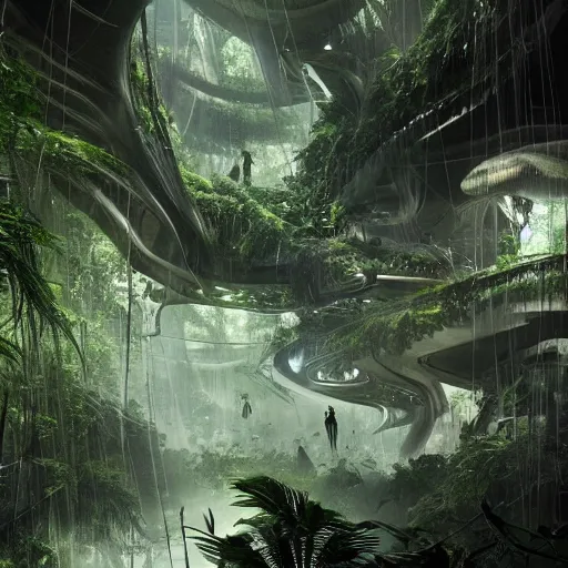 Prompt: epic, ultra detailed, hyper - real alien jungle by greg rutkowski inside the movie matrix by zaha hadid