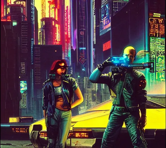 Image similar to a portrait of a cyberpunk epic Friday night firefight, Night City, cyberpunk 2077, very very coherent painting, 1979 OMNI Magazine Cover, street level neo-Tokyo in Cyberpunk 2045 style by Vincent Di Fate by mark arian by artgerm in the style of Gustavo Dore, 4k, 8k, HD, trending on artstation