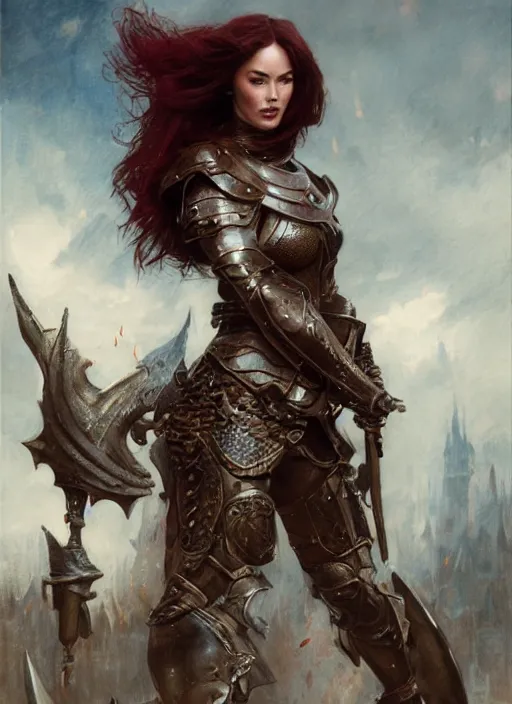 Image similar to short muscular redheaded woman wearing realistic medieval armour, megan fox, detailed by gaston bussiere, bayard wu, greg rutkowski, giger, maxim verehin, greg rutkowski, masterpiece, sharp focus, cinematic lightning