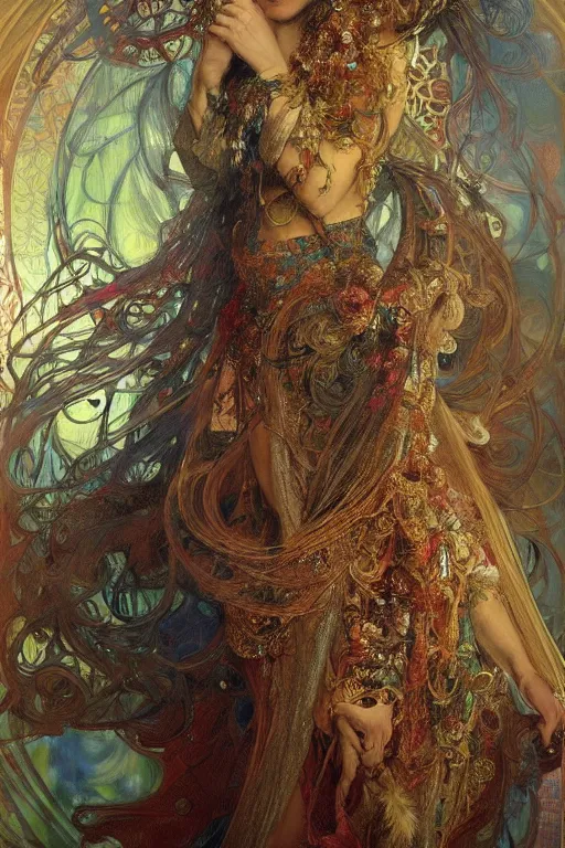 Image similar to a beautifull intricate painting of a beatifull woman wearing a feathered cloak surrounded by ornate tendrils, flying silk, internse colors, hyper detailed, artstation, by jeremy mann, by alphonse mucha, by gustave dore
