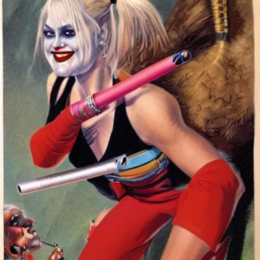 Image similar to Harley Quinn holding cigarette, artwork by Earl Norem,