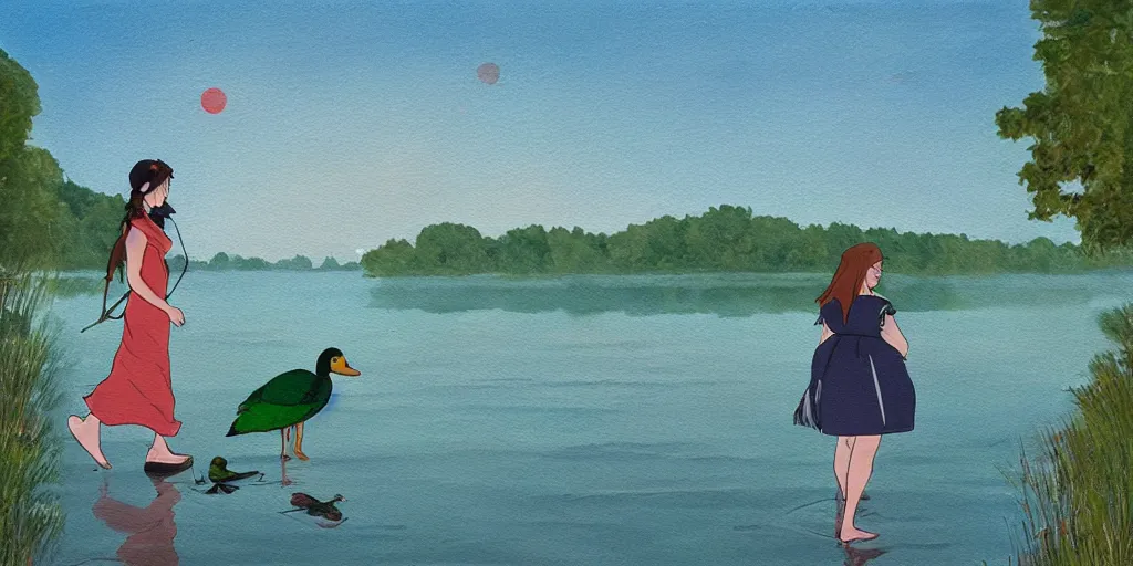 Image similar to A medium shot painting of a beautiful girl walking by the lake while holding her pet Green Head Mallard Duck, with paper lanterns rising in the sky, dusk, by Studio Ghibli