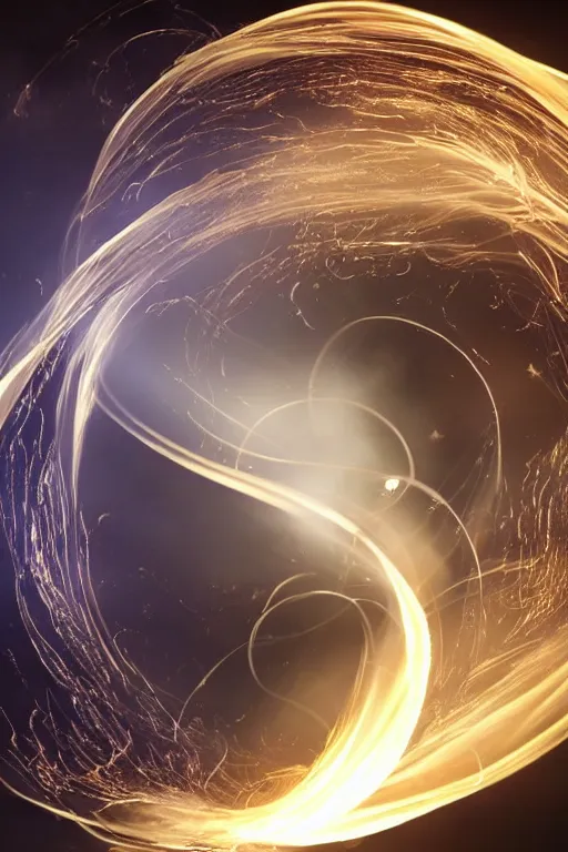 Image similar to swirling light streaks and ornate flowing smoke streams and smooth particle effects surround a small metallic sphere, unreal engine