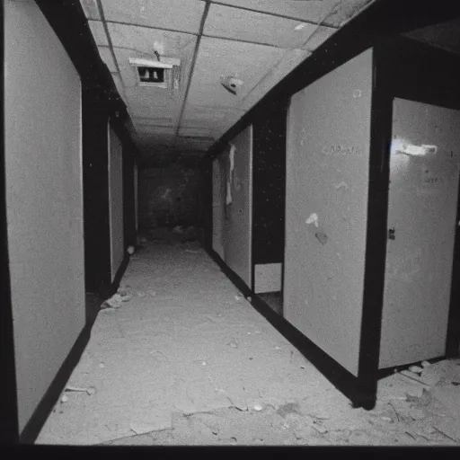 Image similar to 1 9 9 0 s security cam found footage of an abandoned soviet town with a humanoid monster, liminal space, backrooms, scp, film grain, rundown, eerie, dark lighting, 3 5 mm, realistic, photograph