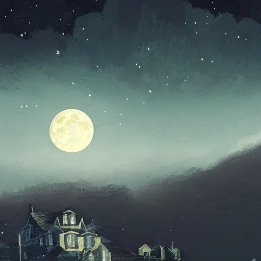 Prompt: night landscape with big moon on background, acrilic paint, digital, artstation, detailed intricate ink illustration, heavenly atmosphere, digital art, overdetailed art, concept art, complementing colors, trending on artstation, cgstudio, the most beautiful image ever created, dramatic, subtle, details, award winning artwork, beautiful scenery