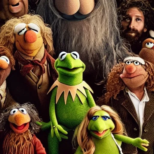 Prompt: The muppets as the fellowship of the ring movie poster wide angle, highly textured, hyperrealism, explosions, award winning, gritty