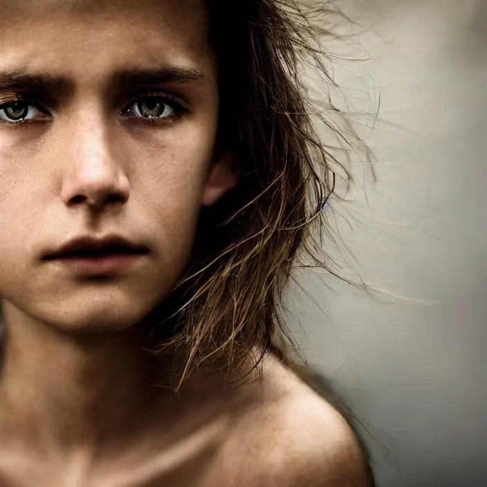 Image similar to dramatic photographic Close-up face of a extremely beautiful girl and light brown hair , high light on the left, Sharp focus, cinematic lighting ,non-illuminated backdrop, illuminated by a dramatic light, volumetric light, Low key lighting, light dark, High constrast, dramatic , Steve Mccurry, Lee Jeffries , Norman Rockwell, Craig Mulins ,dark background, high quality, photo-realistic, 8K,