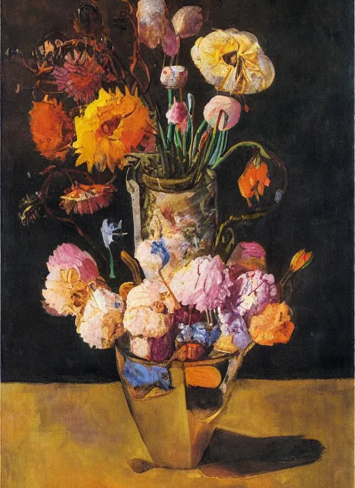 Image similar to a surreal painting of a breakfast still life, vase of flowers, by George Baselitz, symbolist, soft colors, dramatic lighting, smooth, sharp focus, extremely detailed, textured, aesthetically pleasing composition