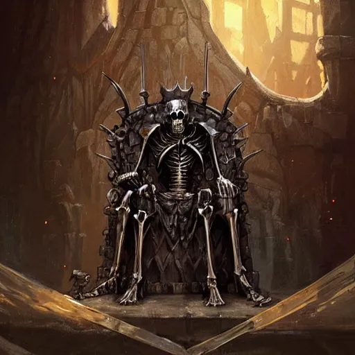 Prompt: Skeleton King, undead knight, resting on his throne, oil painting, by Fernanda Suarez and Greg Rutkowski