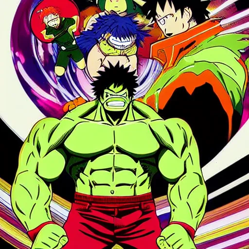 Prompt: anime key visual of hulk in the style of kohei horikoshi and akira toriyama, manga cover, pop art color palette, official media