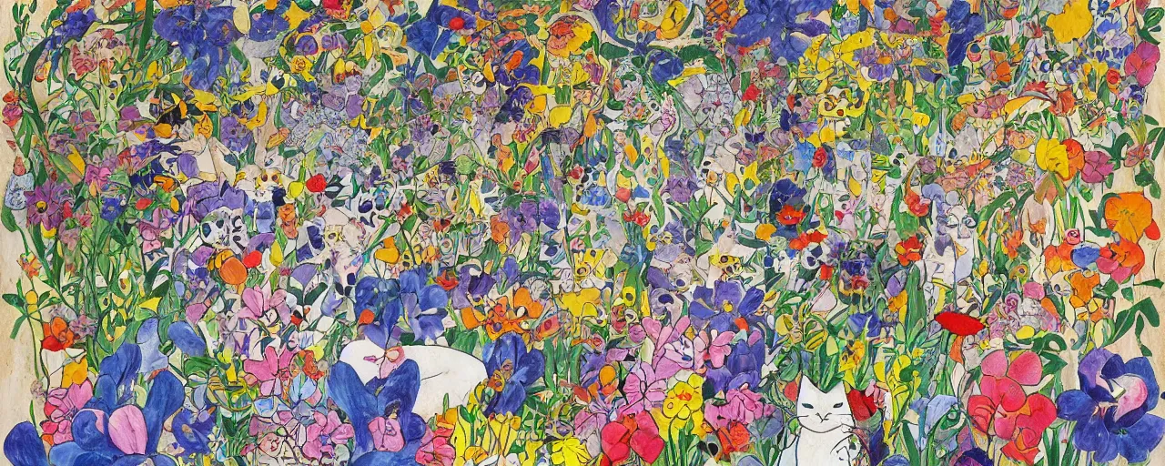 Image similar to cat playing in a garden of flowers, a mix media painting by laurel burch and Leonardo da Vinci and Natalia Goncharova, cluttered , child's drawing, art by Studio Ghibli, anime, thick black lineart