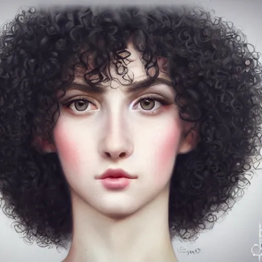 Image similar to a realistic cg rendering, a beautiful girl, long black curly hair, a slightly round face, deep and charming eyes, a touch of blush, a small and exquisite nose, delicate pale pink lips, a symmetrical face, symmetrical eyes, elegant and lovelyin the style of nikolai fechine and klimt