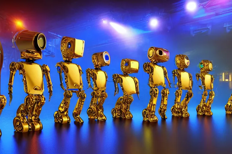 Image similar to a queue of 7 golden and blue metal humanoid steampunk robots dancing on a concert stage, robots are wearing and gears and tubes, eyes are glowing red lightbulbs, shiny crisp finish, 3 d render, 8 k, insaneley detailed, fluorescent colors, nightlight