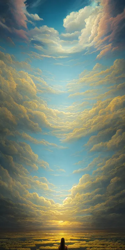 Prompt: symmetry!! surreal landscape of a dreamy girl, dreamscape, very detailed, serene, peaceful, golden hour, clouds, perfect lighting, perfect composition, digital art, illustration, artstation, artgerm, derek zabrocki, greg rutkowski, 4 k