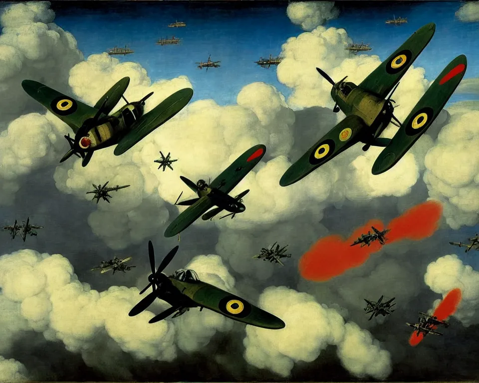 Image similar to an achingly beautiful print of the Battle of Britain by Raphael, Hopper, Goya, and Rene Magritte. detailed, romantic, enchanting, trending on artstation.